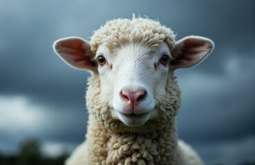 Obraz premium A close-up of a young sheep with curly wool and alert ears in an outdoor setting