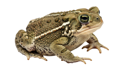 A close-up profile of a bumpy brown and green toad with a light stripe down its back, isolated on a white background.