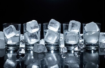 Six clear glasses filled with ice cubes arranged in a row on a reflective surface against a dark background