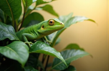 Fototapeta premium Green gecko perched on leafy plant with blurred background