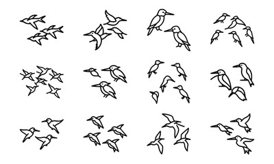 Collection of Bird Silhouettes in Line Art Style – Flying Birds, Pairs of Birds, Flocks, and Individual Bird Icons on White Background