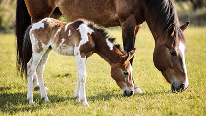 Obraz premium Paint Horse Foal Grazing Beside Chestnut Mare in Sunlit Meadow White Brown Patches Pastoral Equestrian Scene