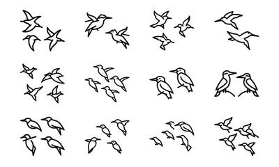 Collection of Bird Silhouettes in Line Art Style – Flying Birds, Pairs of Birds, Flocks, and Individual Bird Icons on White Background