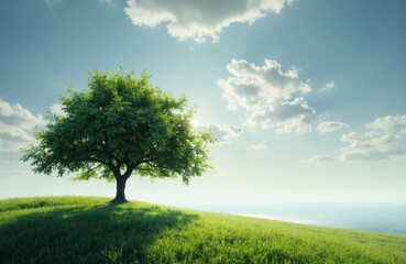Fototapeta premium A solitary green tree stands on a grassy hill under a bright sky with scattered clouds