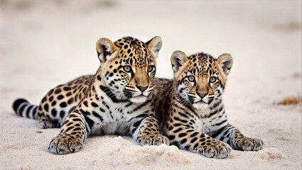 Obraz premium Two Jaguar Cubs Lying Side by Side on Sunlit Sandy Beach Golden Coats Black Rosettes Wildlife Portrait