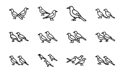 Collection of Bird Silhouettes in Line Art Style – Flying Birds, Pairs of Birds, Flocks, and Individual Bird Icons on White Background