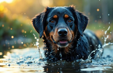 Playful dog swimming in water with splashes and a warm sunset background