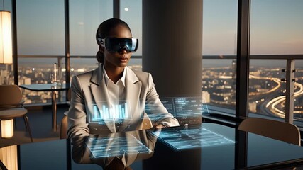 A businesswoman uses augmented reality in a modern office to enhance her work - Powered by Adobe