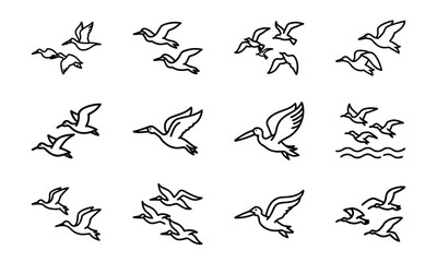 Collection of Bird Silhouettes in Line Art Style – Flying Birds, Pairs of Birds, Flocks, and Individual Bird Icons on White Background