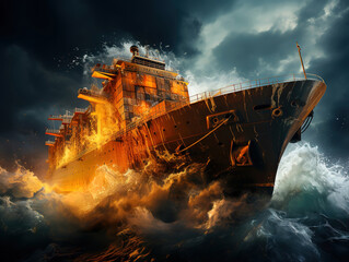 Conceptual Illustration of Global Trade Challenges Through a Cargo Ship in Rough Seas