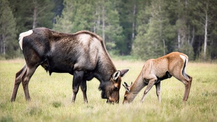 Mother Moose and Calf Grazing Together in Meadow Against Dense Pine Forest Late Summer Wild Nature