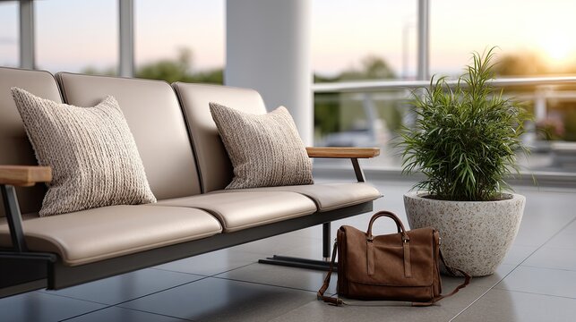 Suitcase positioned in an airport waiting area with soft shadows and warm sunset colors, creating a serene travel atmosphere.