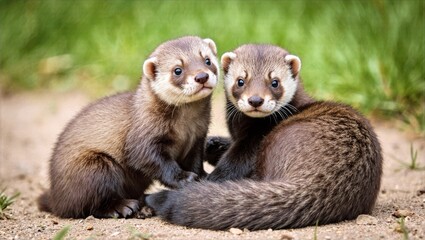 Fototapeta premium Two Baby Ferrets Sitting Close on Dirt Path White Stripes Curious Dark Eyes Soft Fur Wildlife Portrait