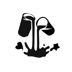 Minimalist vector of two cups pouring liquid with splash effect, bold black and white design, perfect for beverage logos, drink concepts, café branding, or creative artwork.