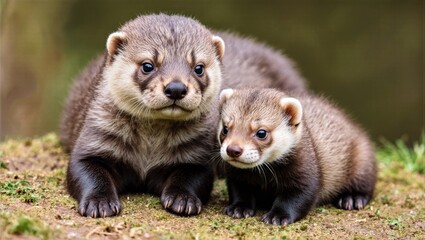 Fototapeta premium Two Eurasian Otter Cubs Resting on Mossy Ground Big Dark Eyes Soft Fur Charming Wildlife Moment