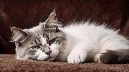 Elegant Persian Cat Lounging on Textured Brown Carpet Soft Lighting White and Gray Fur Indoor Pet Portrait