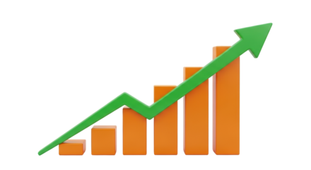 Isolated bar graph with a growing green arrow pointing upward, representing business growth