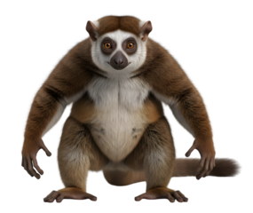 A detailed studio shot of a brown and white lemur standing and looking forward.