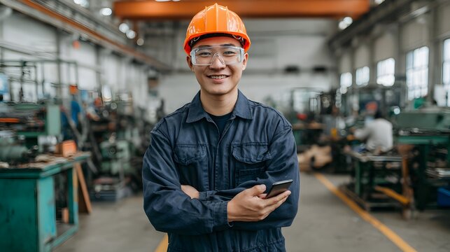 Confident Young Asian Engineer Smiling with Smartphone in a Busy Industrial Factory. - Powered by Adobe