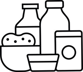 Black outline illustration of food and drink containers on white bottle