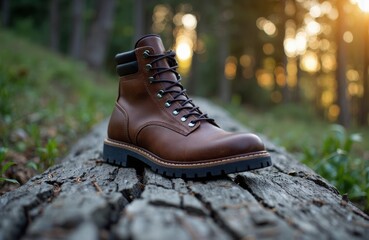A sturdy brown leather boot resting on a fallen log in a forest setting with warm sunlight filtering through trees