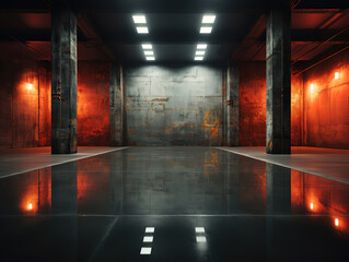 Minimalist Design with Recessed Lights on a Glossy Concrete Floor in a Dark Room