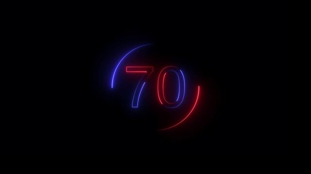 Glowing Neon 70 Countdown Timer Icon. Cyber Neon 70 Progress Number Bright glowing Energy Light Effect on black background.