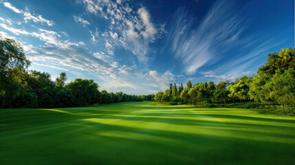 Obraz premium Lush green golf course landscape under a vibrant blue sky filled with fluffy clouds surrounded by trees and gentle hills creating a serene outdoor setting for relaxation.