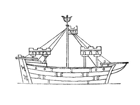 Dromon - a military and cargo ship of the early European Middle Ages, old vintage illustration, 1879