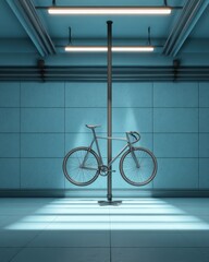 Silver Bicycle Suspended on a Pole in a Blue Tiled Room with Fluorescent Lighting