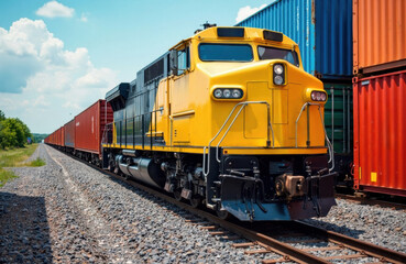 Obraz premium A yellow freight train moving along railway tracks with colorful shipping containers nearby