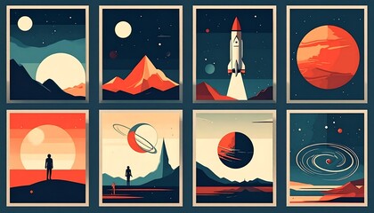 Minimalist Space Exploration Posters - Planets, Rockets, and Cosmic Landscapes.