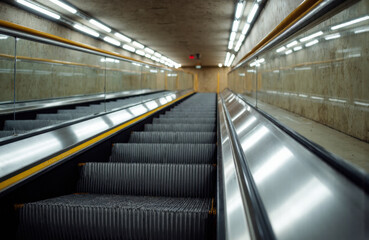 Fototapeta premium Escalator descending in underground subway station with illuminated ceiling and tiled walls