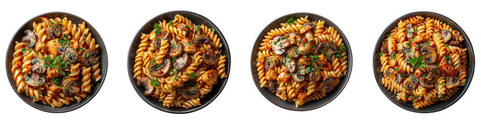 A delightful arrangement of fusilli pasta with mushrooms, presented in a dark bowl, showcasing the rich colors and textures of this classic dish isolated on transparent background
