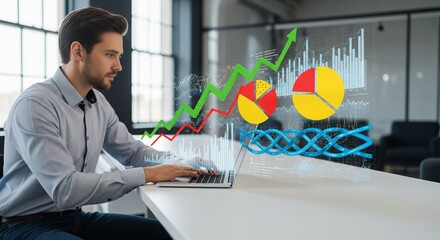 Data analyst examining statistical marketing graphs and business data on a laptop dashboard, highlighting analytics of customer behavior and financial performance in a modern office environment.
