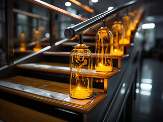 Stylish Stair Railing with Frameless Glass Panels and Yellow LED-Illuminated Handle