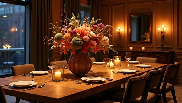 Elegant and intimate private dining room set for a celebration with a large floral centerpiece and warm candlelight.