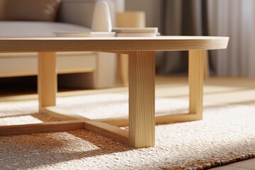 Modern round wooden coffee table with a geometric base resting on a woven rug in sunlight.