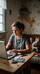Fototapeta premium Busy mother works on laptop while her child plays with toys in a cozy, disordered room