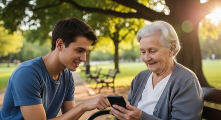 Naklejka premium Young man helps elderly woman use smartphone in sunny park during afternoon
