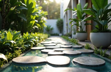 Obraz premium A peaceful garden pathway lined with lush green plants and modern potted foliage