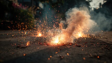 Ground level view of a firecracker explosion with smoke and sparks