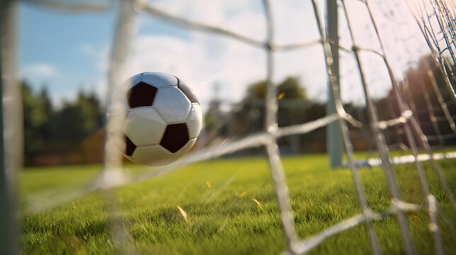 Close-up of soccer ball scoring in goal on green field