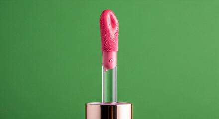 Vibrant pink lip gloss wand with textured applicator glistens against a vivid green backdrop