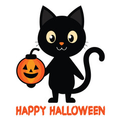 Happy Halloween Black Cat with Pumpkin Lantern Cartoon Vector Illustration