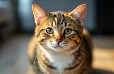 Close-up of a tabby cat with striking yellow eyes looking directly at the camera