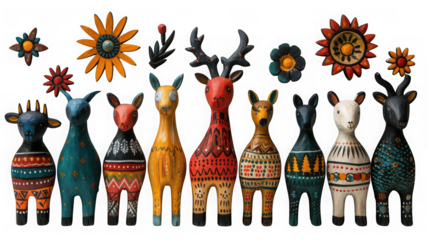 Collection of hand carved and painted wooden folk art animals and flowers isolated on transparent background, showcasing traditional craftsmanship and rustic charm