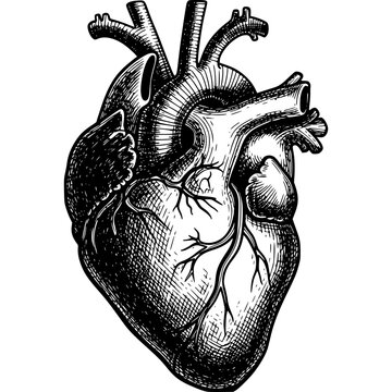 Vector sketch of an old human heart anatomy model with a decorative dragon's head