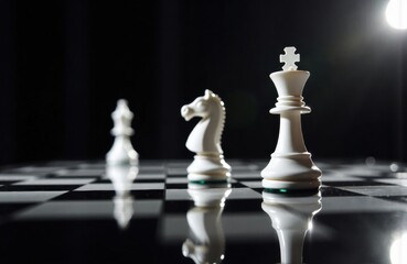 Strategic chess pieces on a reflective chessboard with dramatic lighting