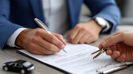 Businessman focuses on signing a contract for the purchase of a car, with a blue toy car placed on the office table nearby.
